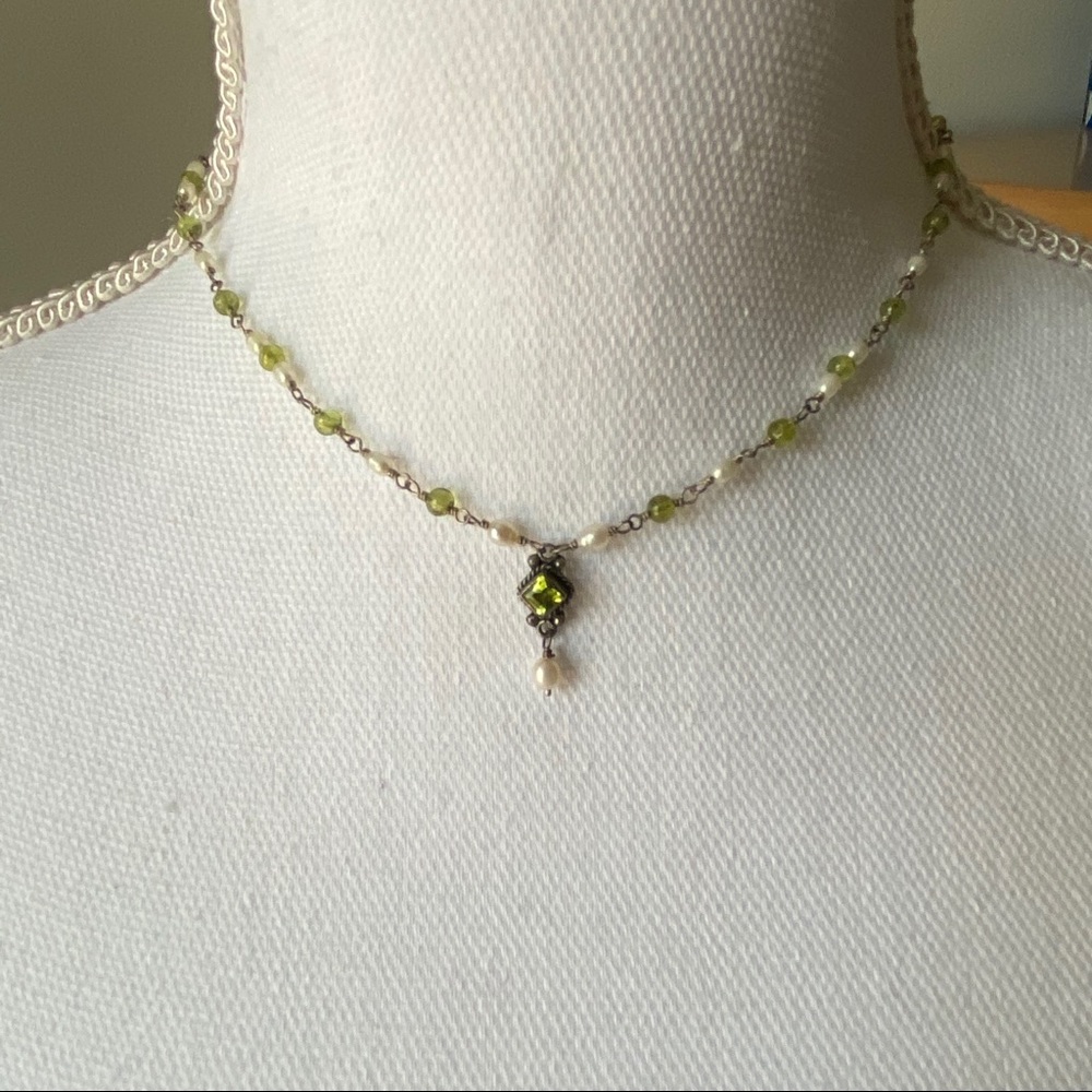 Pearl & green beaded necklace & earrings